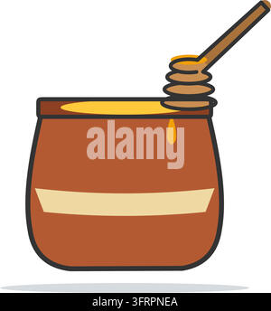 Flat vector icon of a clay honey pot with a wooden dipper across its mouth and golden honey dripping down, sweetener isolated on white background. Stock Vector