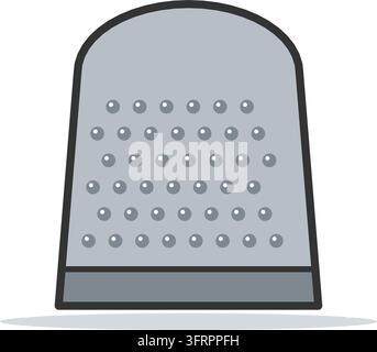 Flat vector illustration of a silver steel sewing thimble with a domed dimpled top and a wide rim band, isolated on a white background. Stock Vector
