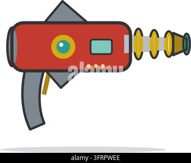 Flat vector illustration of a retro ray gun blaster with a red body, gold emitter rings and a turquoise power cell, on white. Stock Vector