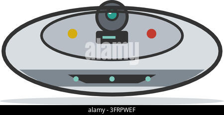 Flat vector illustration of a round robot vacuum cleaner with a lidar turret and glowing sensor eye, isolated on white. Stock Vector
