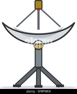 Flat vector illustration of a satellite dish antenna on a tripod mount with a parabolic bowl and feed arm, on a white background. Stock Vector