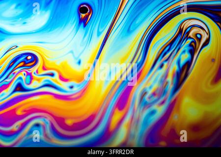 Full frame macro texture of vibrant psychedelic neon colors created by thin film light interference on liquid surface. Stock Photo