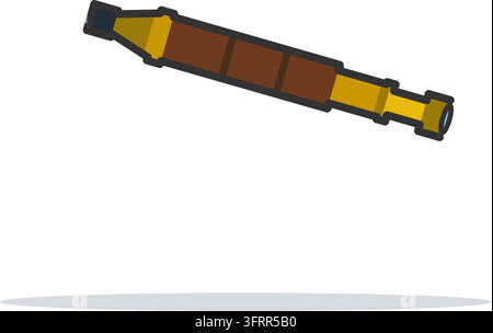 Flat vector icon of a brass pirate spyglass telescope with leather barrel, draw tubes and lens, nautical lookout tool isolated on white background. Stock Vector