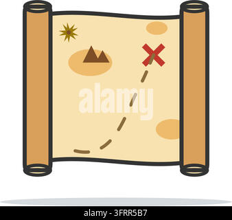 Flat vector icon of an old pirate treasure map scroll with island drawings, a dashed route and a red X marking the spot, isolated on white background. Stock Vector