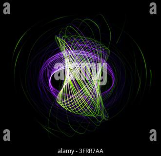 Intersecting Neon Green and Violet Light Waves Stock Photo