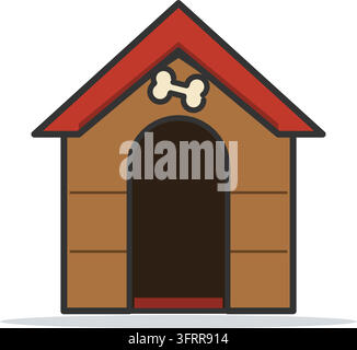 Flat vector illustration of a wooden dog house with a red pitched roof, round arched doorway and a bone emblem, isolated on a white background. Stock Vector