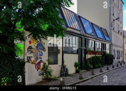 Paris, France - August 19th 2017: Montmartre street with small house featuring glass roof conservatory, potted plants and street art wall mural Stock Photo