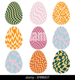 Set of Easter eggs with retro groovy patterns in 60s-70s style. Hippie Happy Easter with distorted psychedelic Stock Vector