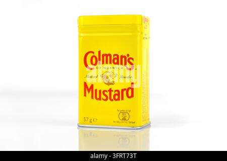 Colman's Original English Mustard Powder on a white reflective background - Wales, UK - 20 September 2026 Stock Photo