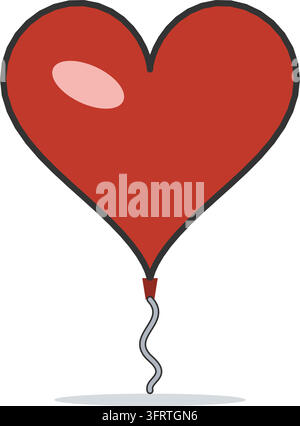 Flat vector icon of a glossy red heart shaped balloon with a knot and curly string, romantic Valentine party decoration isolated on white background. Stock Vector