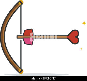 Flat vector icon of cupid's bow with a nocked arrow tipped with a red heart and pink feather fletching, symbol of love isolated on white background. Stock Vector