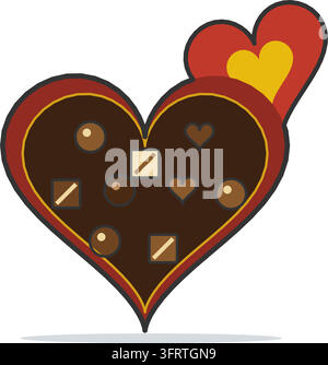 Flat vector icon of a heart shaped box of milk, dark and white chocolates, open with its red lid leaning behind, isolated on white background. Stock Vector