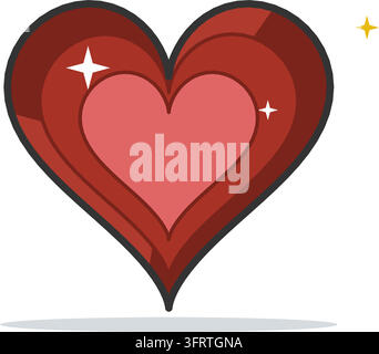 Flat vector icon of a faceted heart shaped ruby gemstone in deep red with sparkling glints, a precious symbol of love isolated on white background. Stock Vector