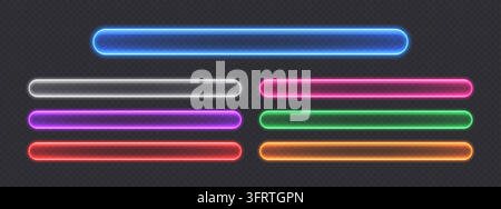 Wide neon glass banners, transparent buttons set. Glowing light frames, rounded rectangle glossy signs. Stock Vector