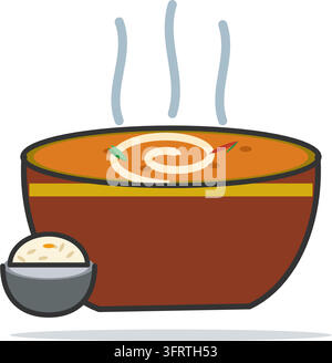 Flat vector illustration of a maroon bowl of orange Indian curry with a cream swirl and a bowl of steamed rice, isolated on a white background. Stock Vector