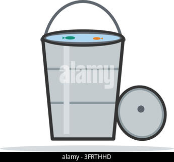 Flat vector illustration of a metal bait bucket with arched handle, water and two tiny fish inside, isolated on a white background. Stock Vector