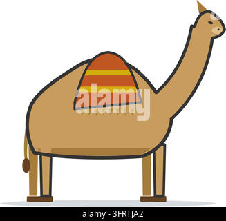 Flat vector illustration of a dromedary camel in side profile with a red saddle blanket with gold bands, isolated on a white background. Stock Vector