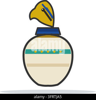 Flat vector illustration of an alabaster canopic jar with a golden falcon head lid, an Egyptian burial artefact on white. Stock Vector