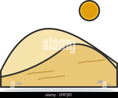 Flat vector illustration of golden desert sand dunes with wind ripples, a plain round sun and pebbles, isolated on a white background. Stock Vector