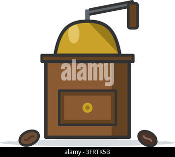 Flat vector illustration of a vintage manual coffee grinder box mill with a brass hopper and steel crank, isolated on a white background. Stock Vector