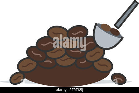 Flat vector illustration of a pile of roasted coffee beans with a stainless steel scoop stuck in the mound, isolated on a white background. Stock Vector