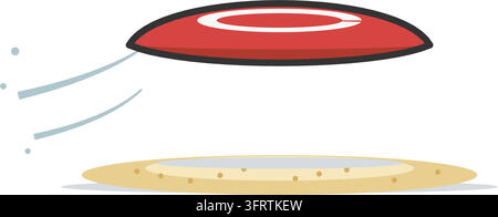 Flat vector illustration of a coral red flying disc frisbee in flight with motion swooshes above a strip of sand, isolated on a white background. Stock Vector