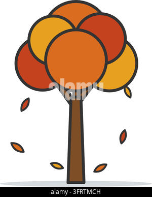 Flat vector icon of an autumn tree with a brown trunk and canopy of orange and red foliage, leaves falling around it, isolated on white background. Stock Vector
