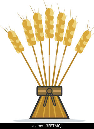 Flat vector icon of a golden wheat sheaf with ripe grain ears and awns tied with a rope wrap, grain harvest symbol isolated on white background. Stock Vector