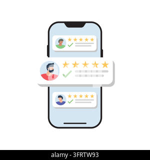Illustration of a mobile phone interface showing customer review popups with five-star ratings, checkmarks, and user avatars for online feedback. Stock Vector