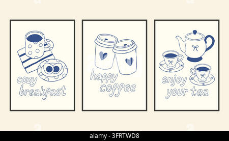 Set of three blue line art posters featuring cozy breakfast mugs, takeaway coffee cups, and teapots. Aesthetic Mediterranean ceramic style design Stock Vector