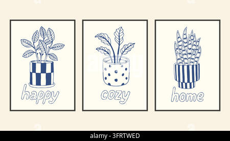 Set of three blue line art posters featuring potted houseplants in patterned ceramic planters. Aesthetic Mediterranean line vector art ideal for cozy Stock Vector