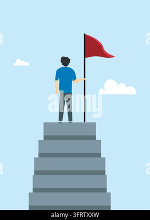 Businessman holding a red flag on top of gray stone stairs peak symbolizing reaching target goal success achievement victory ambition career progress Stock Vector