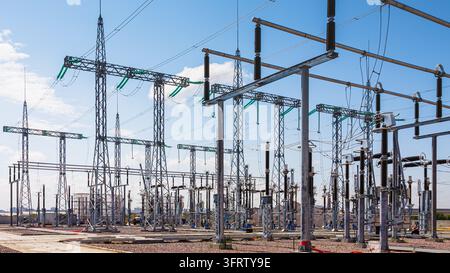 Panoramic view of an outdoor electrical distribution substation, without people, at daytime on a background of a clear blue sky Stock Photo