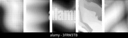 Comic halftone poster cover set. Black and white dotted grain template overlay collection. Grunge gradient texture bundle. Retro pixelated bitmap backdrop pack. Gritty sand noise frames. Vector Stock Vector