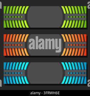 Vector set of Header Templates with dark copyspsce, 3 colorful futuristic banners with curve element on grey background, three horizontal headers with Stock Vector