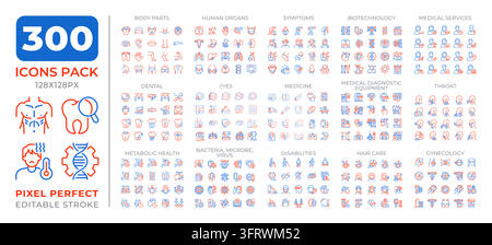 Human body research two color line icons set collection Stock Vector