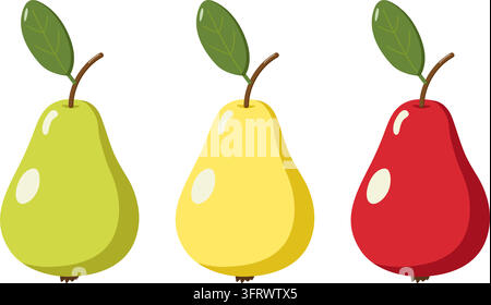 Stylized pears in green, yellow, and red with leaf and stem, smooth cartoon style, perfect for food design, packaging Stock Vector