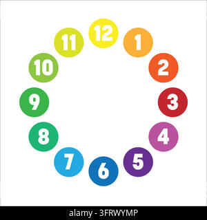 Colorful clock face. Hour dial with numbers in colored circles. Simple flat vector illustration. Stock Vector