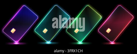 3D glass credit card icons with glow effect. Vector neon design isolated on dark background. Modern bank payment illustration with frosted glassmorphism style. Plastic debit cards for banking concept Stock Vector