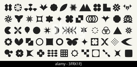 Black Y2K abstract shapes collection with geometric stars and bold graphic icons for modern design projects. Vector retro symbols and elements in minimalist style. Brutalism isolated figuries. Stock Vector