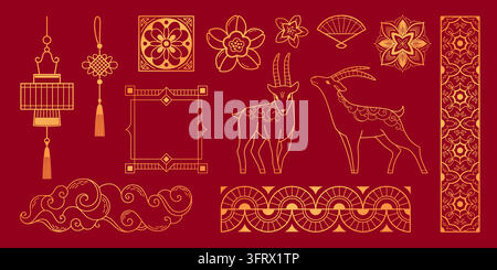 New year 2027 of the goat elements and frames with Chinese lunar zodiac symbols as golden clouds, lanterns and traditional flower patterns for festive greeting cards. Vector set isolated on red bg. Stock Vector