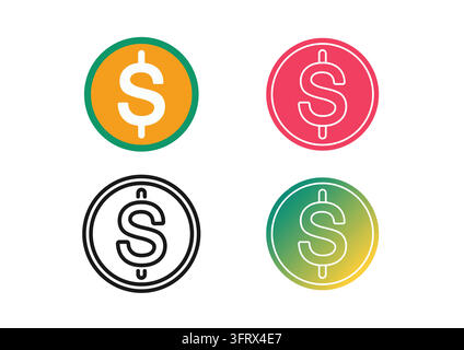 Vector icon set depicting circular dollar coins with currency symbols, designed in flat colors, clean line art, and smooth gradients. Ideal for financ Stock Vector