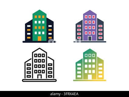 Vector icon set displaying multi-story commercial office buildings and corporate headquarters, designed in flat colors, clean line art, and smooth gra Stock Vector