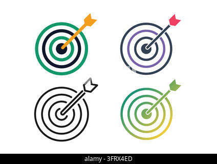 Minimalist vector set of target bullseye icons with an arrow right in the center, presented in flat, line art, and gradient color styles. Ideal for ma Stock Vector