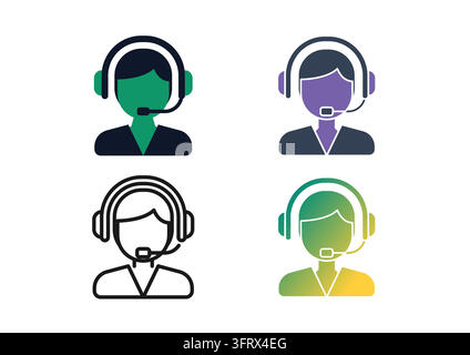 Vector icon set featuring customer service representatives with headsets, designed in flat colors, clean line art, and smooth gradients. Ideal for hel Stock Vector