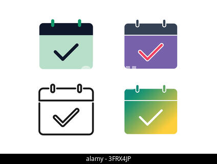 Clean vector set of calendar planner icons featuring check marks for event organization, task tracking, and time management. Designed in flat, line ar Stock Vector