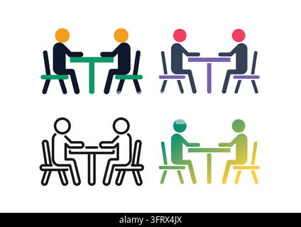 Minimalist vector set of two people sitting at a table discussing business. Features flat, outline, filled, and colorful gradient style variations. Pe Stock Vector