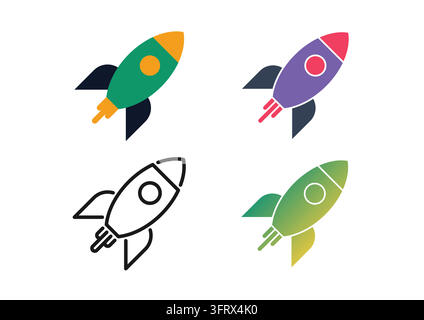 Vector icon set featuring launching rocket ships symbolizing business startups, rapid growth, product releases, and innovation speed. Styled in flat c Stock Vector