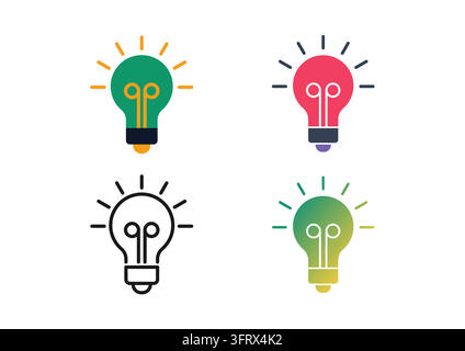 Vector icon set featuring glowing lightbulbs representing creative ideas, innovation, and problem-solving solutions. Styled in flat colors, clean line Stock Vector