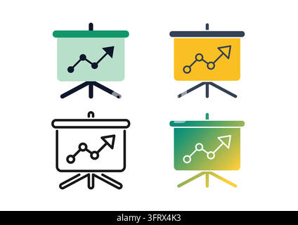 Vector icon set displaying presentation screens with upward trending line graphs and data points, styled in flat colors, clean line art, and smooth gr Stock Vector